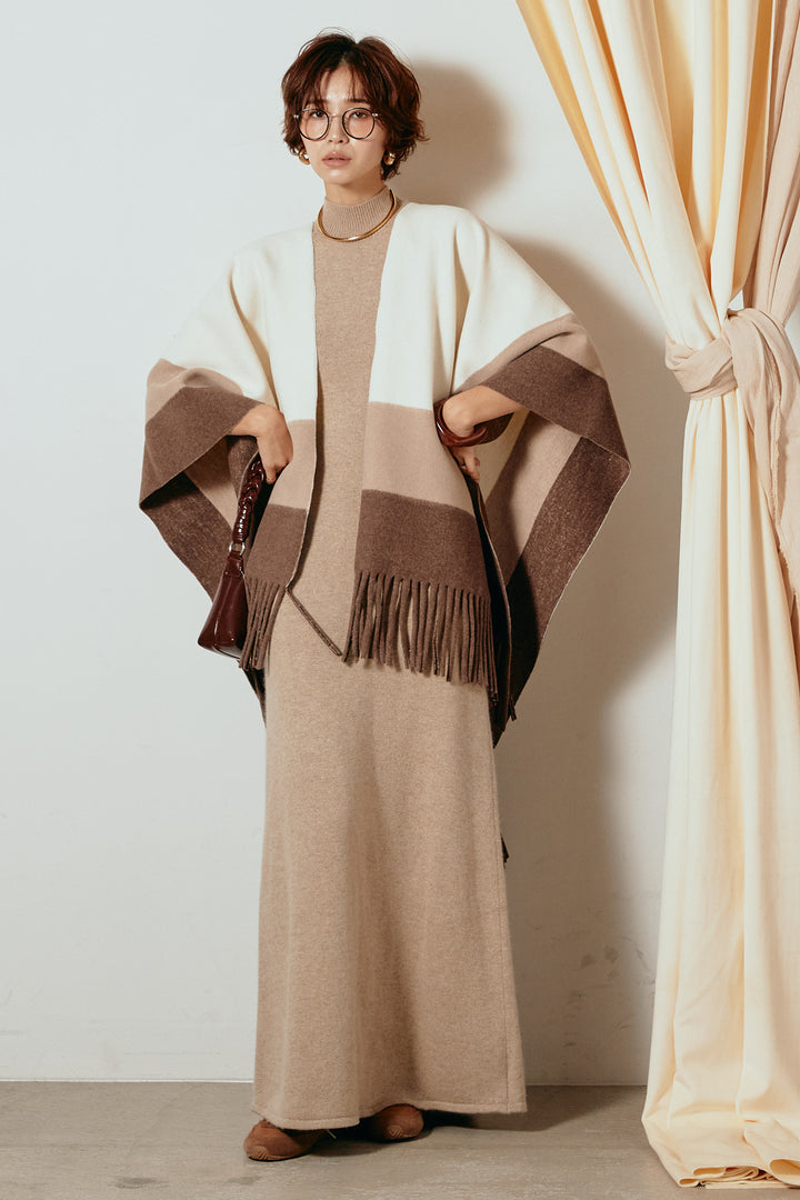 [SET]裾フリンジ柄ポンチョアウター+ノースリーブニットロングワンピース(2set)