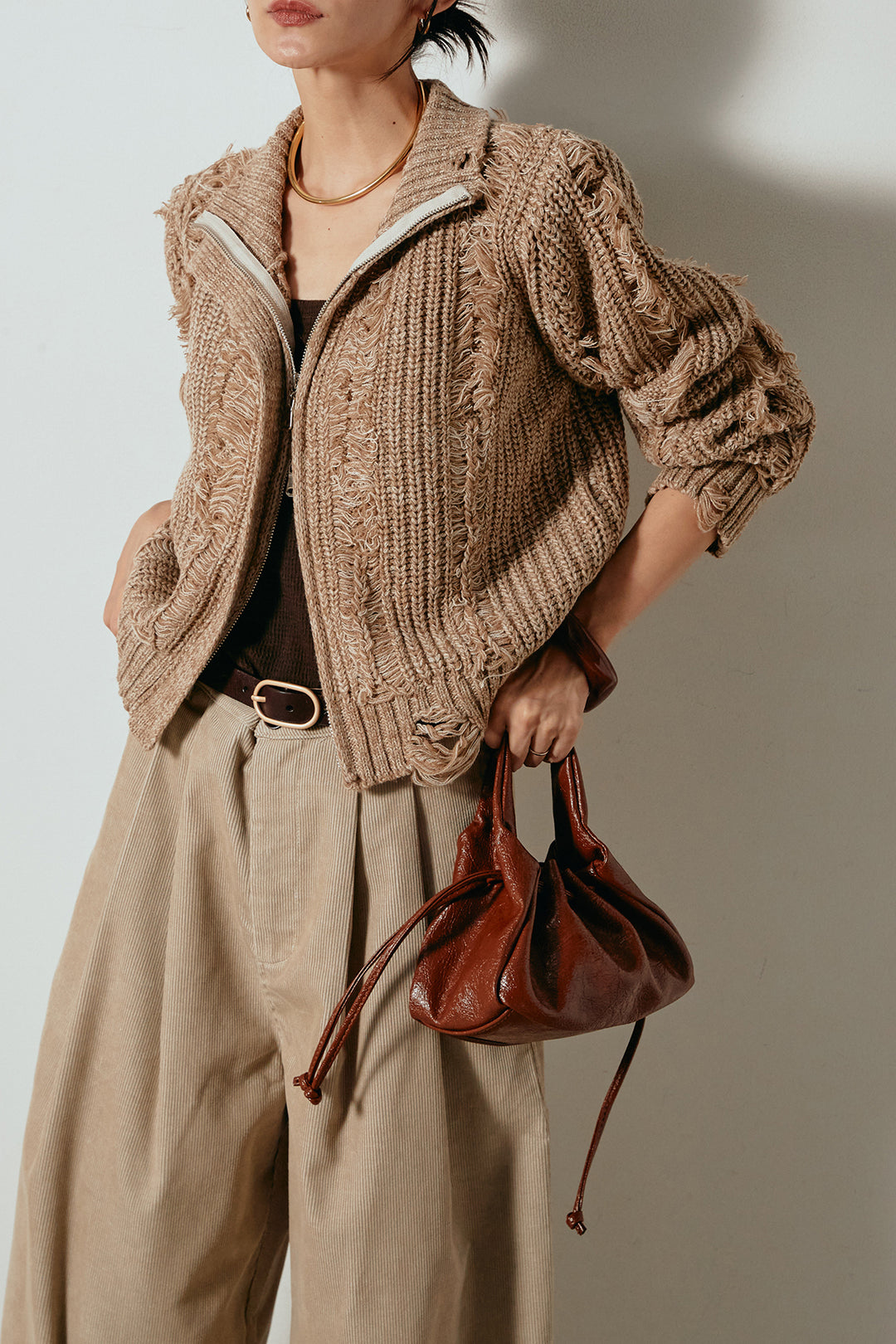 [SET]ハイネックフリンジジップニットトップス+フロントタック入りコーデュロイパンツ(2set)