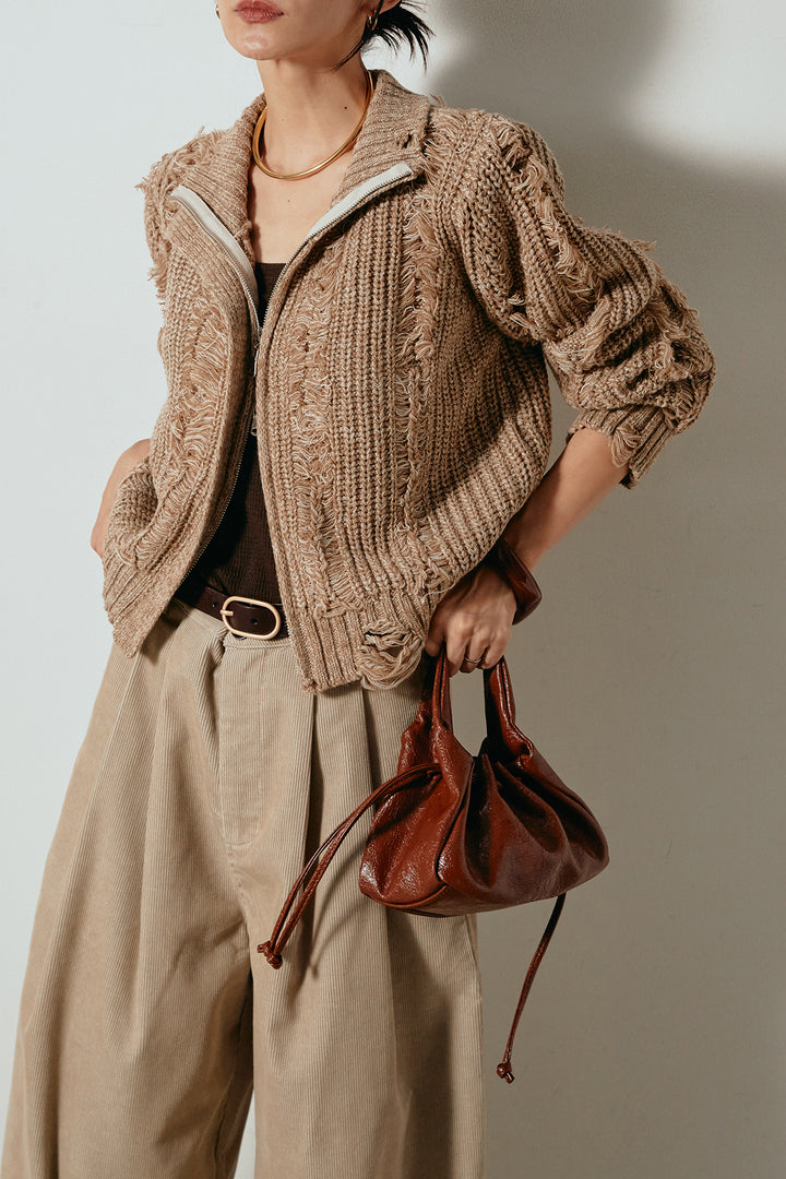 [SET]ハイネックフリンジジップニットトップス+フロントタック入りコーデュロイパンツ(2set)