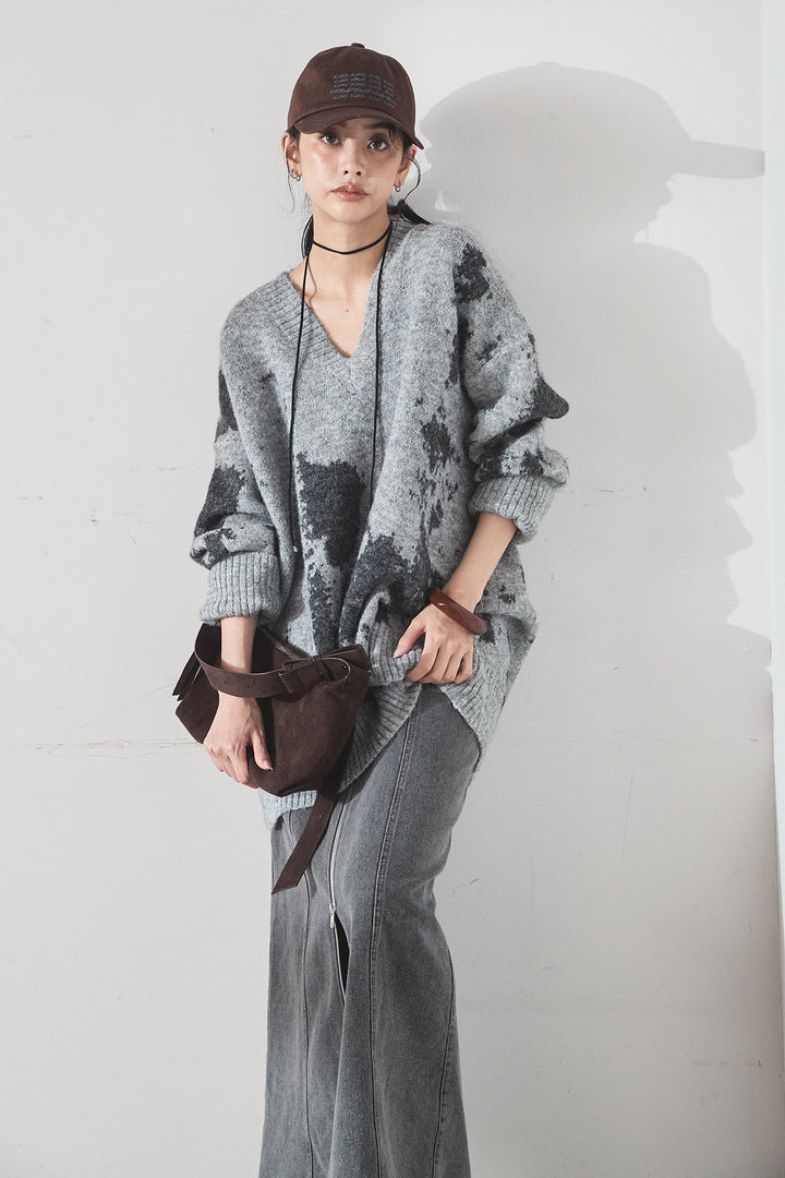 [SET]アブストラクト柄ニットプルオーバー+フロントジップデニムスカート(2set)