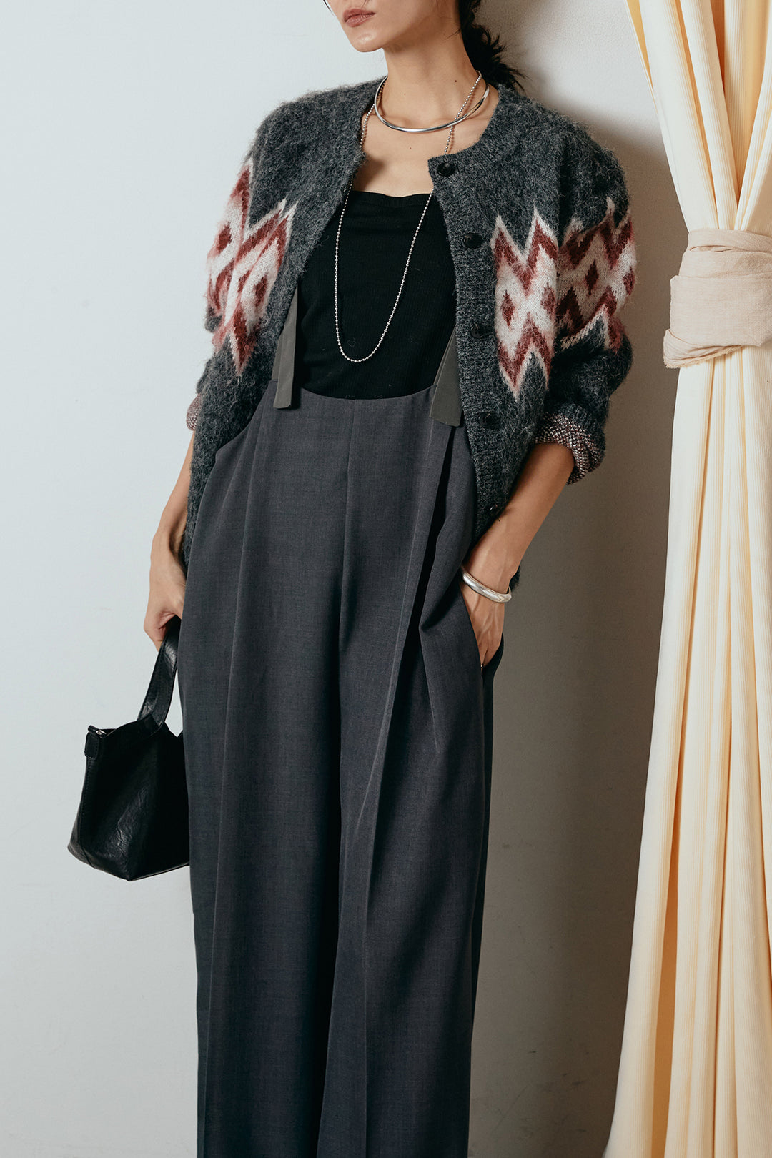 [SET]起毛ノルディック柄ニットカーディガン+ワイドツイルサロペット(2set)