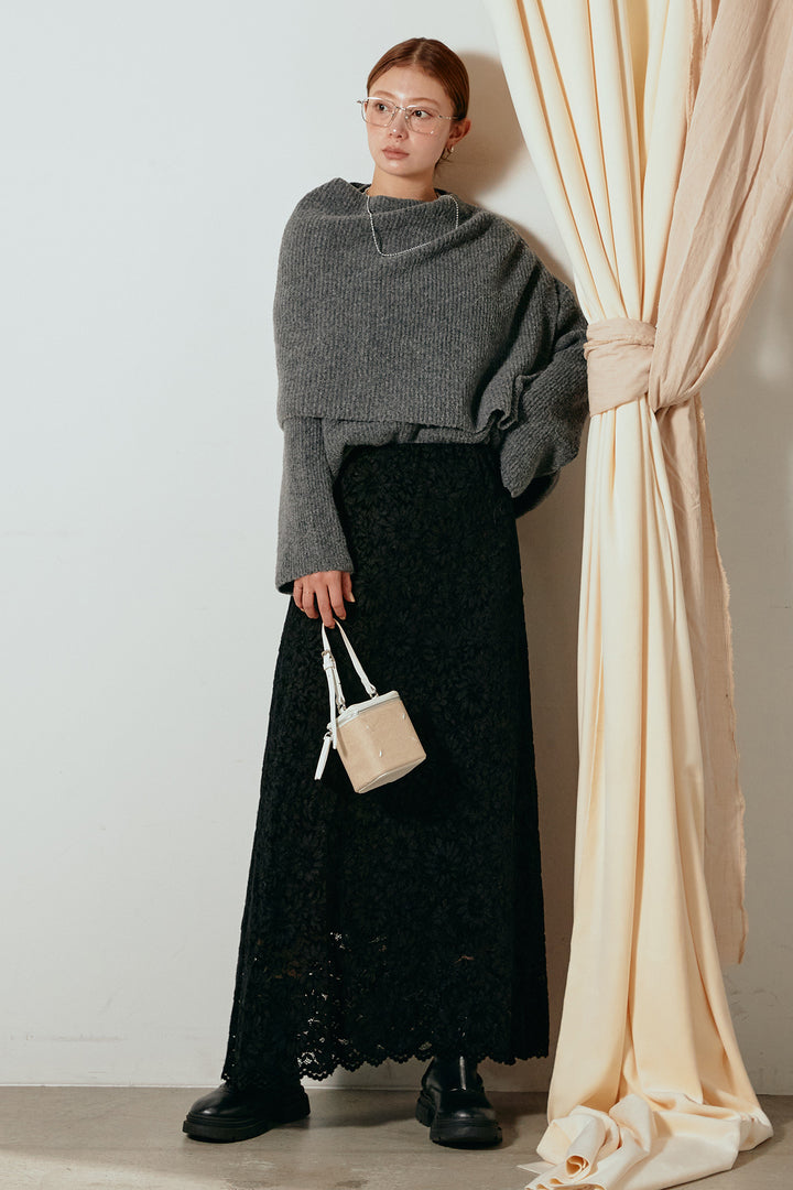 [SET]ケープデザインリブニットトップス+花柄刺繍ベロアフレアスカート(2set)