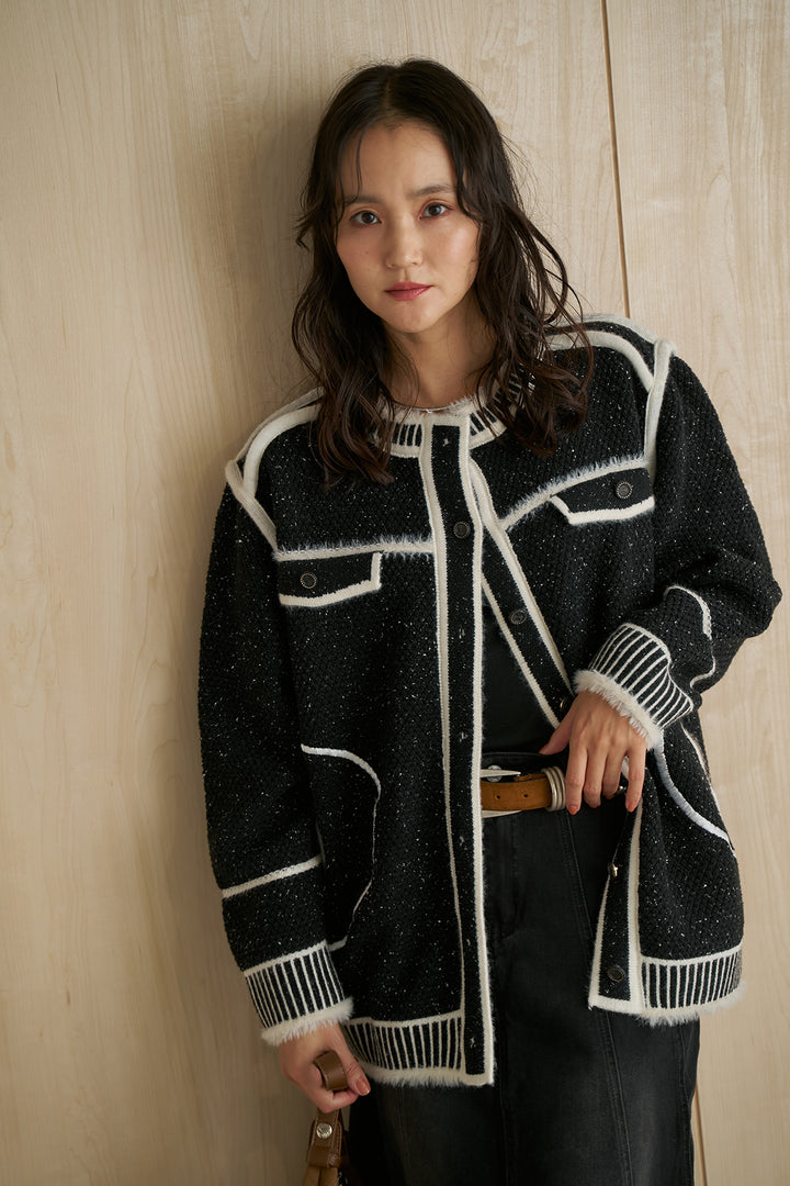 [SET]配色トリムカバーオールニットジャケット+切替デニムロングスカート(2set)
