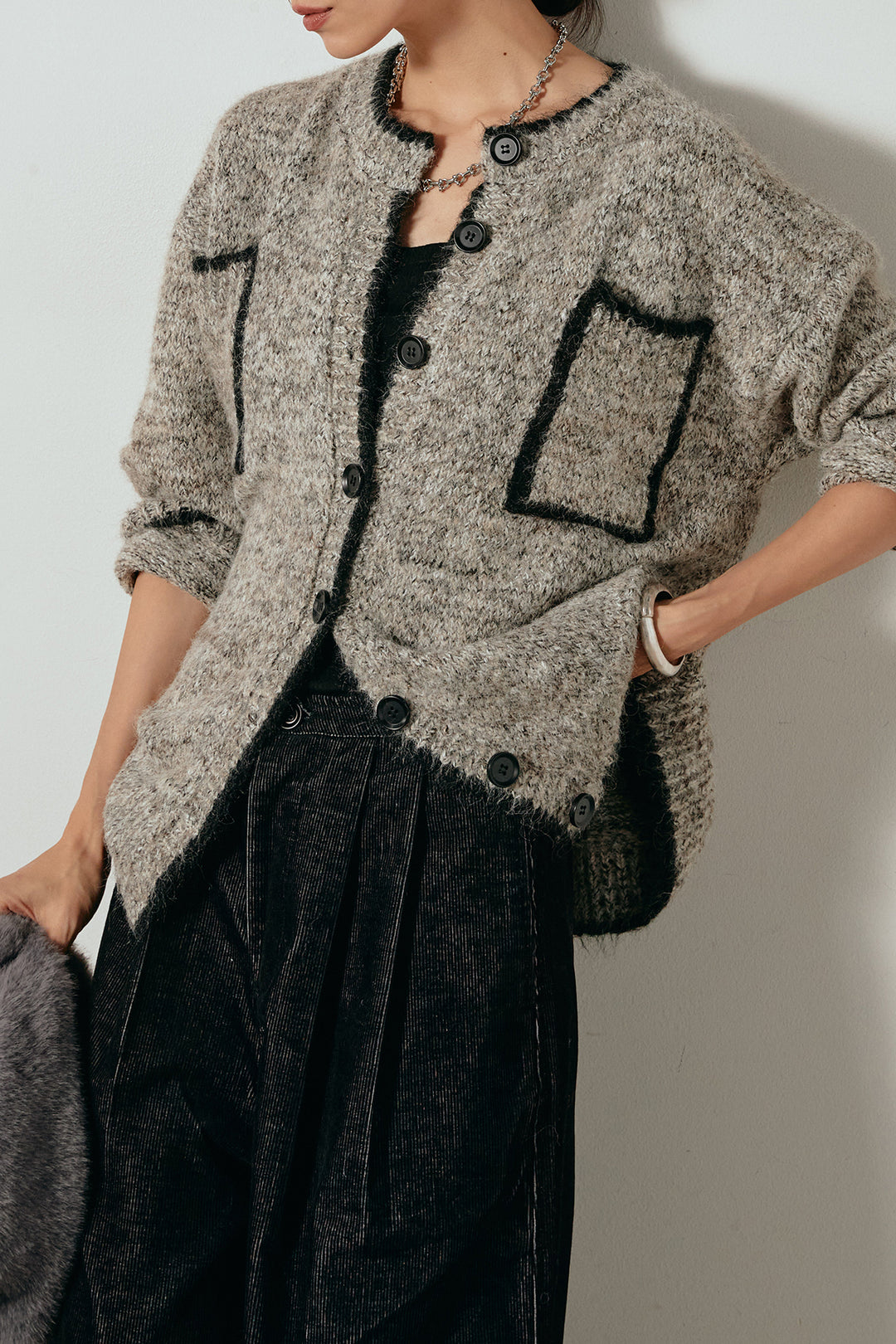 [SET]ミックスニットポケットカーディガン+フロントタック入りコーデュロイパンツ(2set)