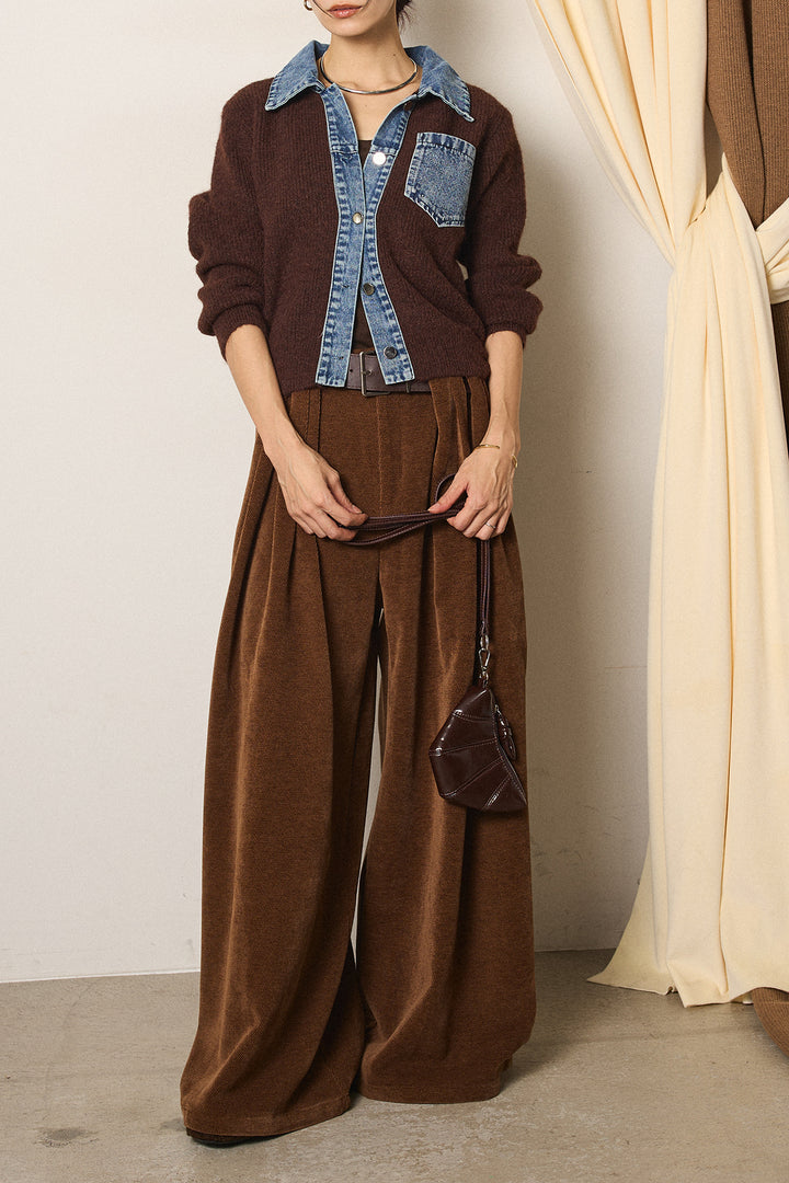 [SET]襟付きデニム切替ニットカーディガン+ベルトループコーデュロイワイドパンツ(2set)