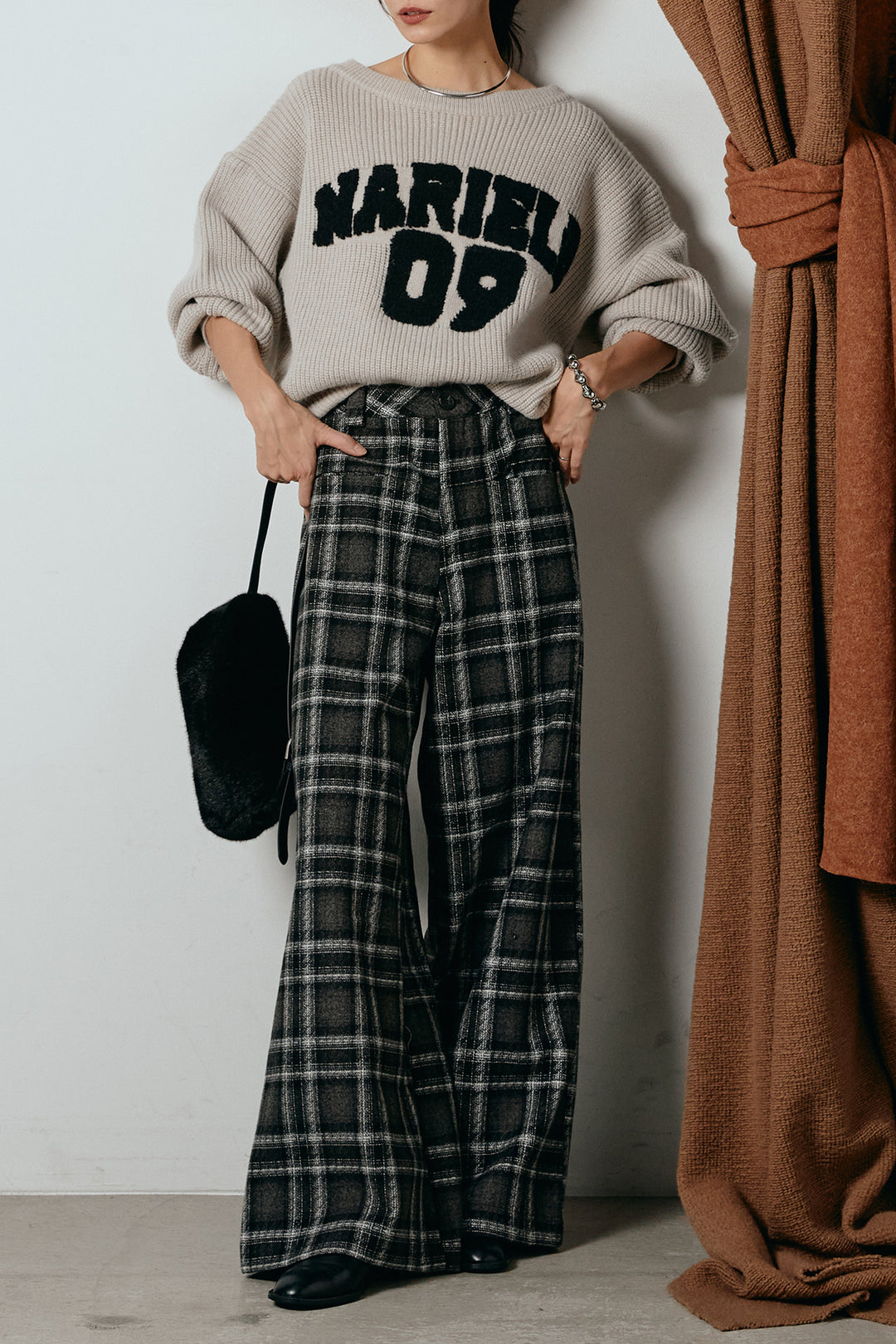 [SET]ロゴジャガードニットトップス+ルーズタータンチェックワイドパンツ(2set)