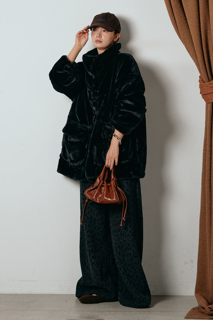 [SET]スタンドネックファーコート+レオパードジャガードニットパンツ(2set)