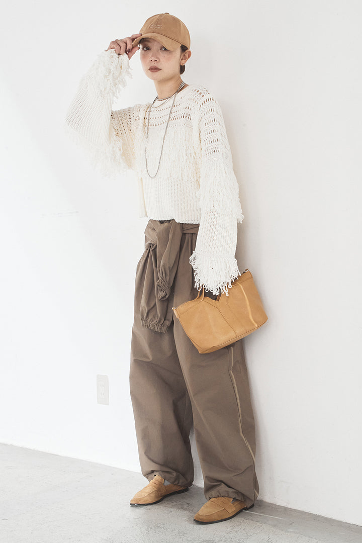 [SET]メッシュフリンジ切り替えプルオーバー+合繊ツイルスタンドウエスト巻きジョガーパンツ(2set)