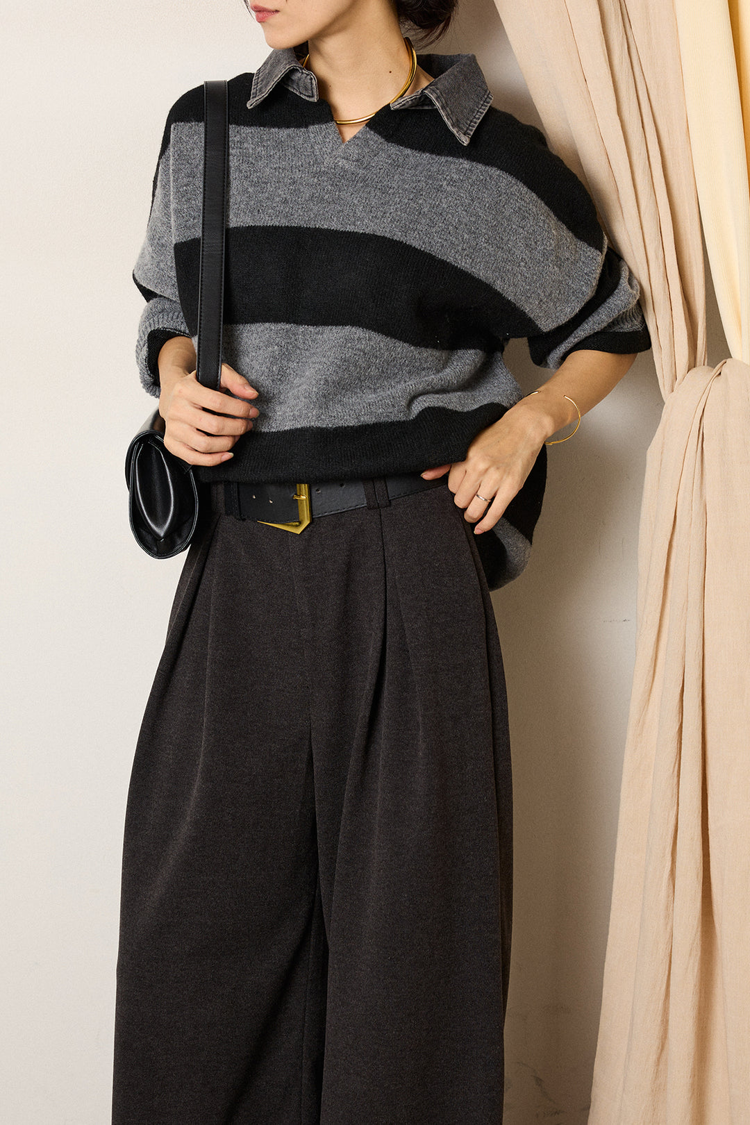 [SET]デニムカラーボーダールーズニット+ゴールドバックル太ベルト付きワイドパンツ(2set)