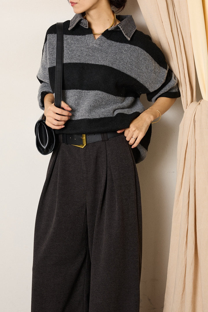 [SET]デニムカラーボーダールーズニット+ゴールドバックル太ベルト付きワイドパンツ(2set)