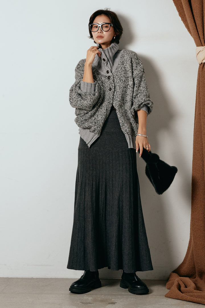 [SET]ハイネックミックスニットカーディガン+編み地切り替えフレアニットスカート(2set)