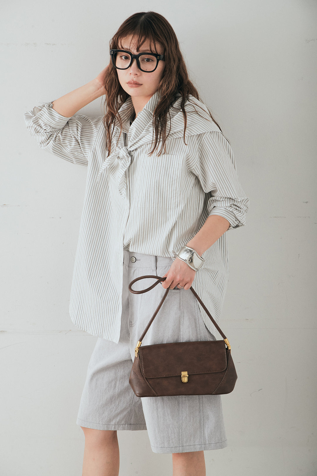 [SET]ランダムストライプスカーフ付きシャツ+デニムハーフパンツ(2set)