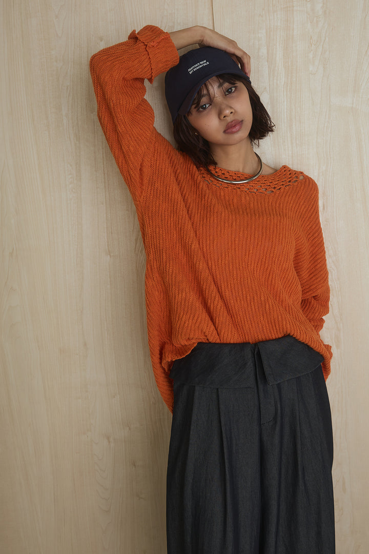 [SET]ネック編みデザインニットトップス+ウエスト折り返しワイドパンツ(2set)