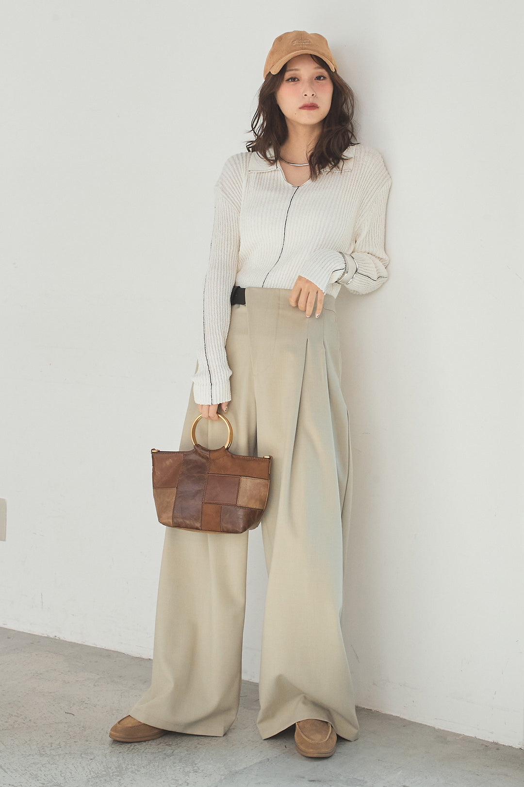 [SET]衿付きニットプルオーバー+サイドベルトタック入りスラックス(2set)