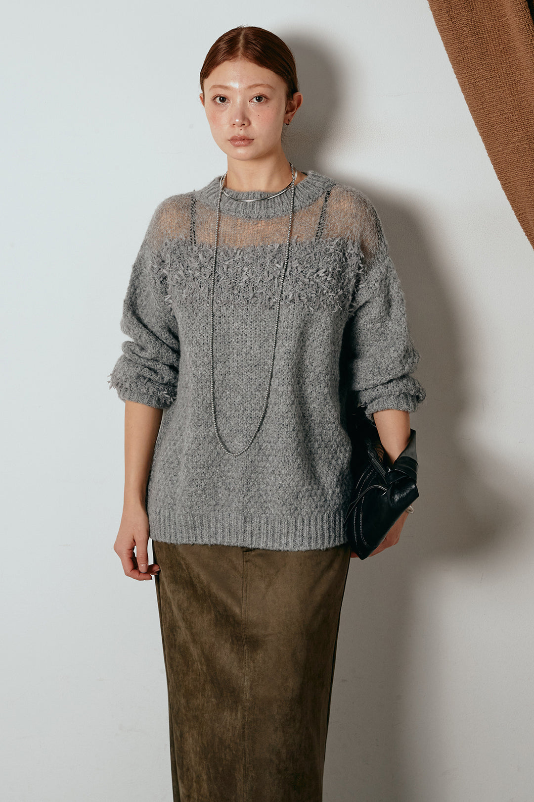 [SET]パターンランダム編みニットトップス+スウェードライク裾フリンジスカート(2set)