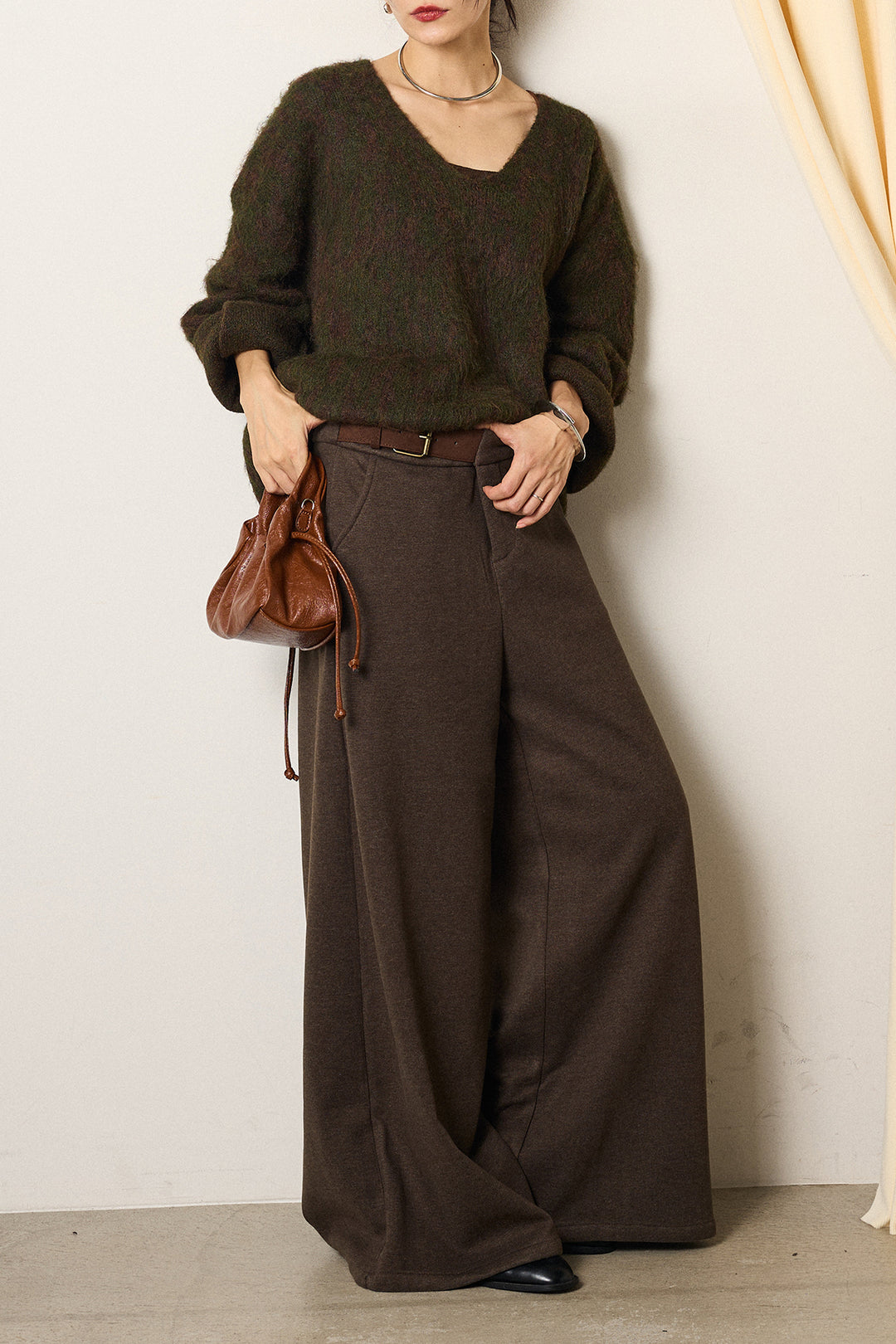 [SET]フラッフィーレオパードシャギーニット+サイドベルトパンツ(2set)