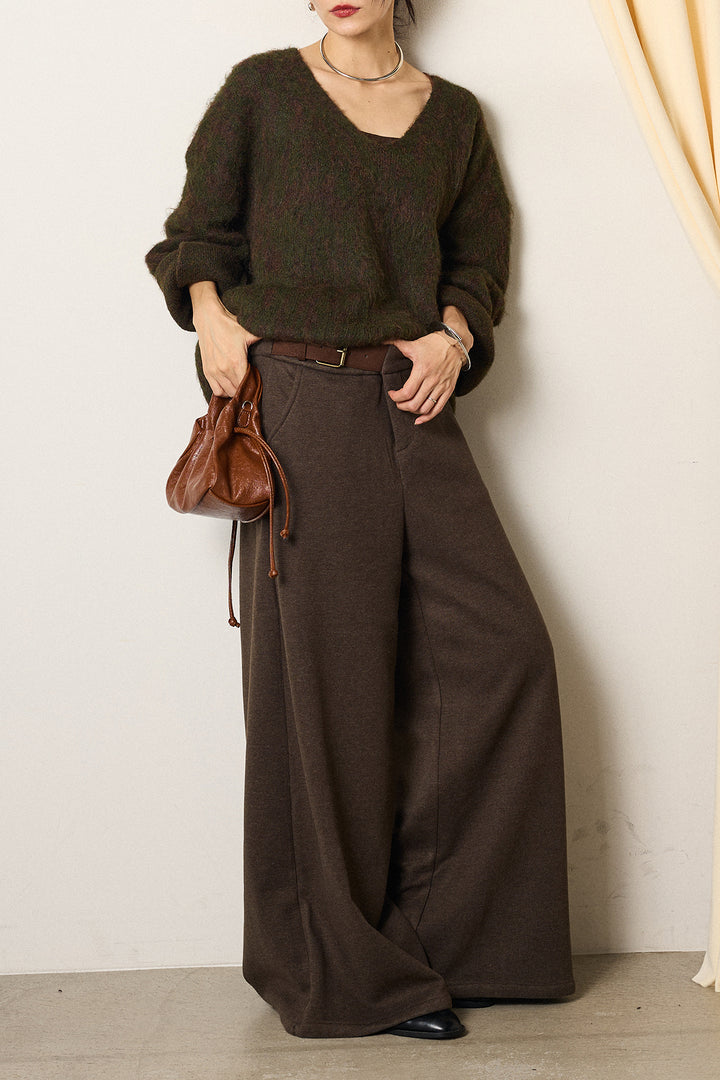 [SET]フラッフィーレオパードシャギーニット+サイドベルトパンツ(2set)