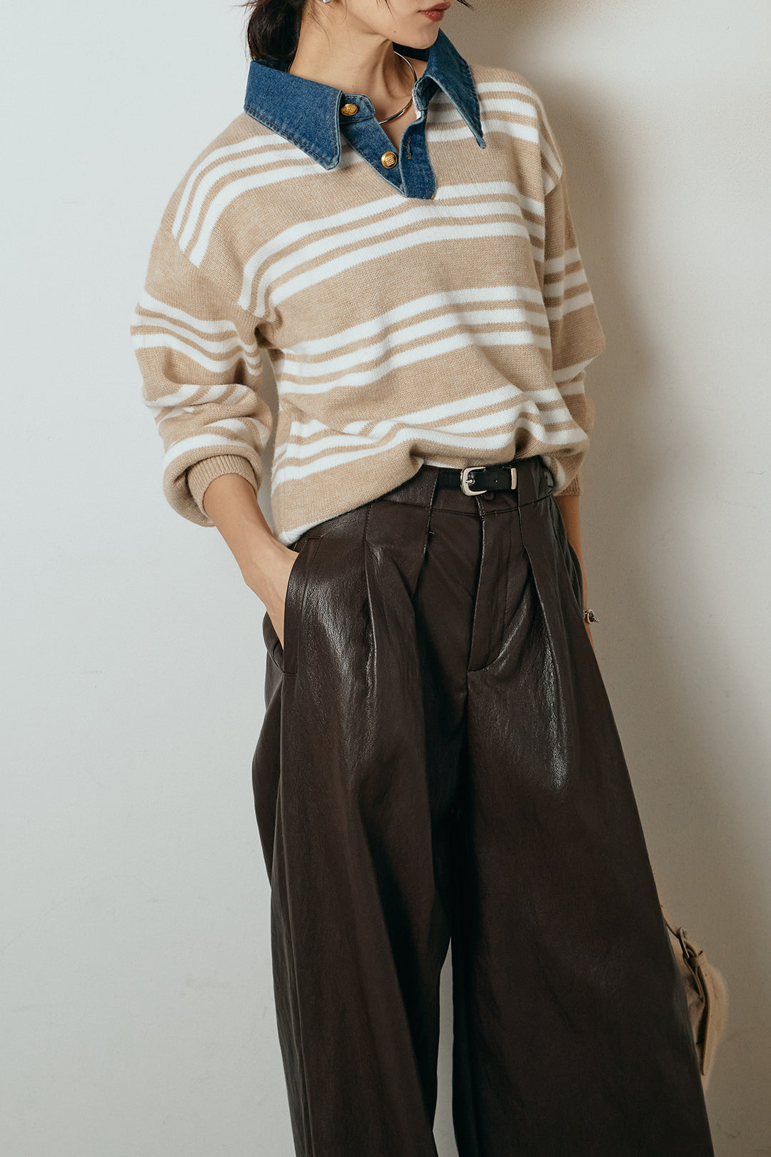 [SET]デニムレイヤード風ランダムボーダーニットプルオーバー+ベルト付きレザーライクタックパンツ(2set)