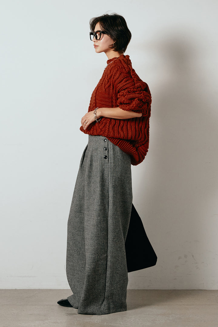 [SET]アラン柄ミックスケーブルニット+サイドボタンツイードタックパンツ(2set)