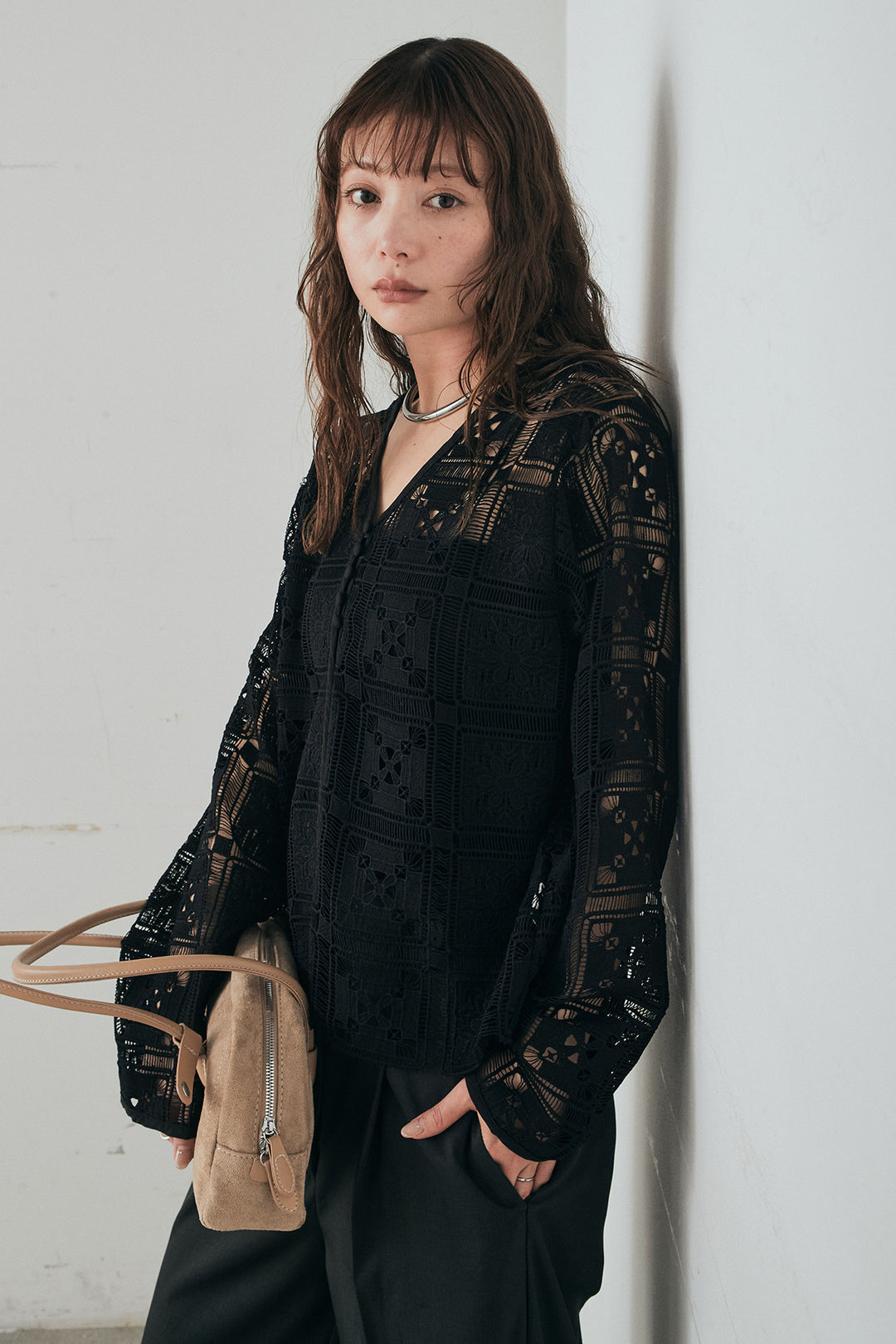 [SET]クロシェレースカーディガン+センタープレスセミワイドパンツ(2set)