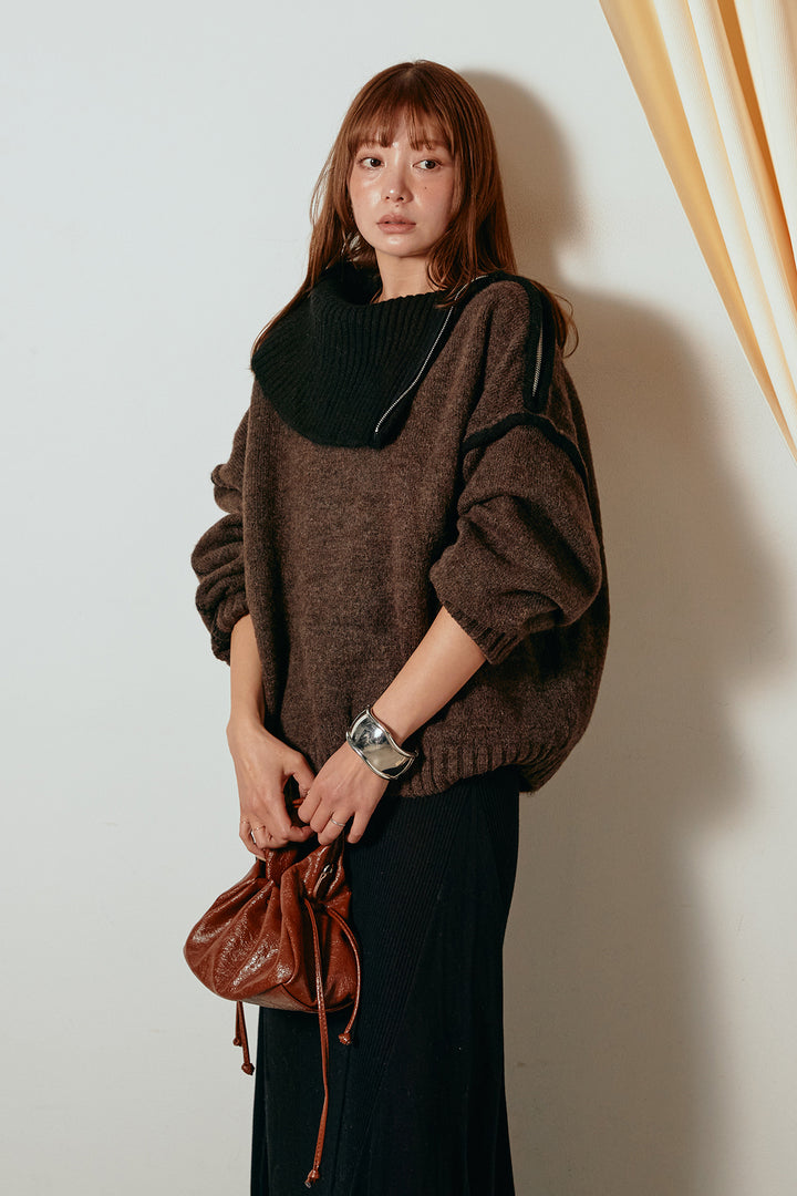 [SET]ハイネックジップデザインニットトップス+サイド切り替えリブニットロングスカート(2set)