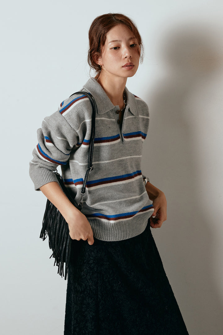 [SET]襟付きマルチボーダーニットポロトップス+花柄刺繍ベロアフレアスカート(2set)