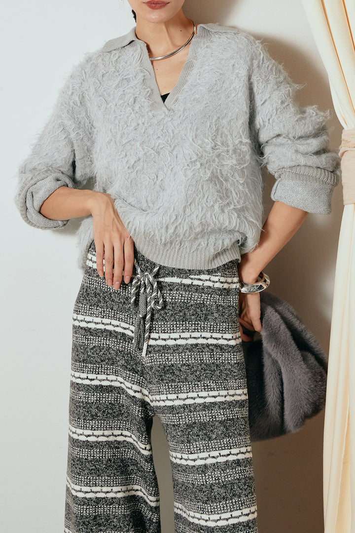 [SET]襟付きシャギーニットポロトップス+マルチライン柄リラックスニットパンツ(2set)