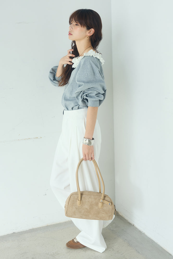 [SET]ネックギャザーフリルスウェット+サイドベルトタック入りスラックス(2set)