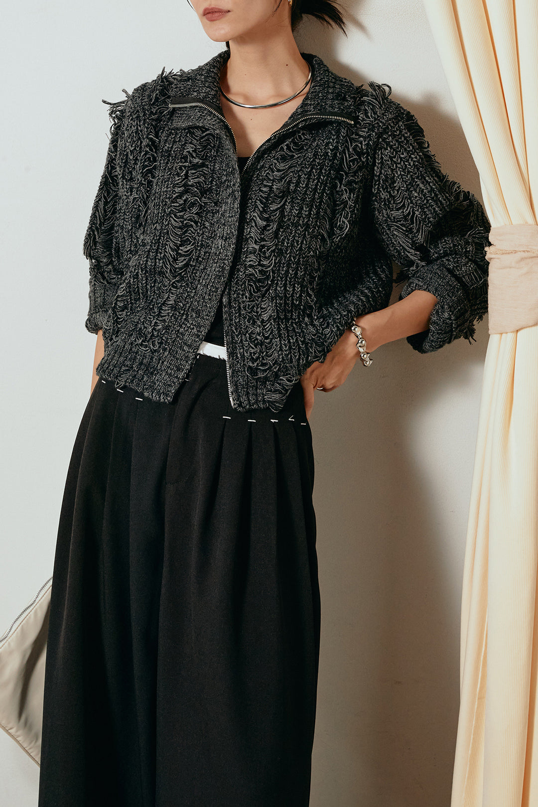 [SET]ハイネックフリンジジップニットトップス+ウエストステッチデザインワイドスラックス(2set)