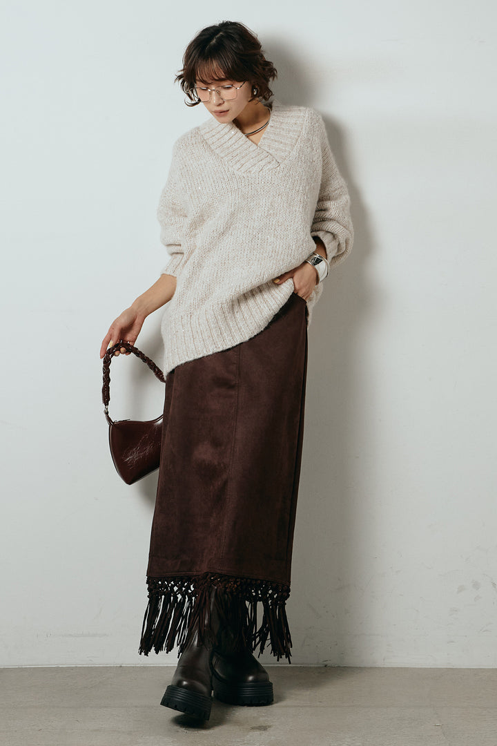 [SET]Vネックラメニットトップス+スウェードライク裾フリンジスカート(2set)