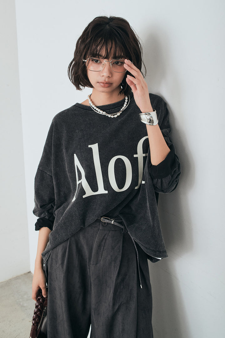 [SET]裾センタードロストロゴプリントワイドTシャツ+紐ベルト付きかすれ柄ワイドスラックス(2set)