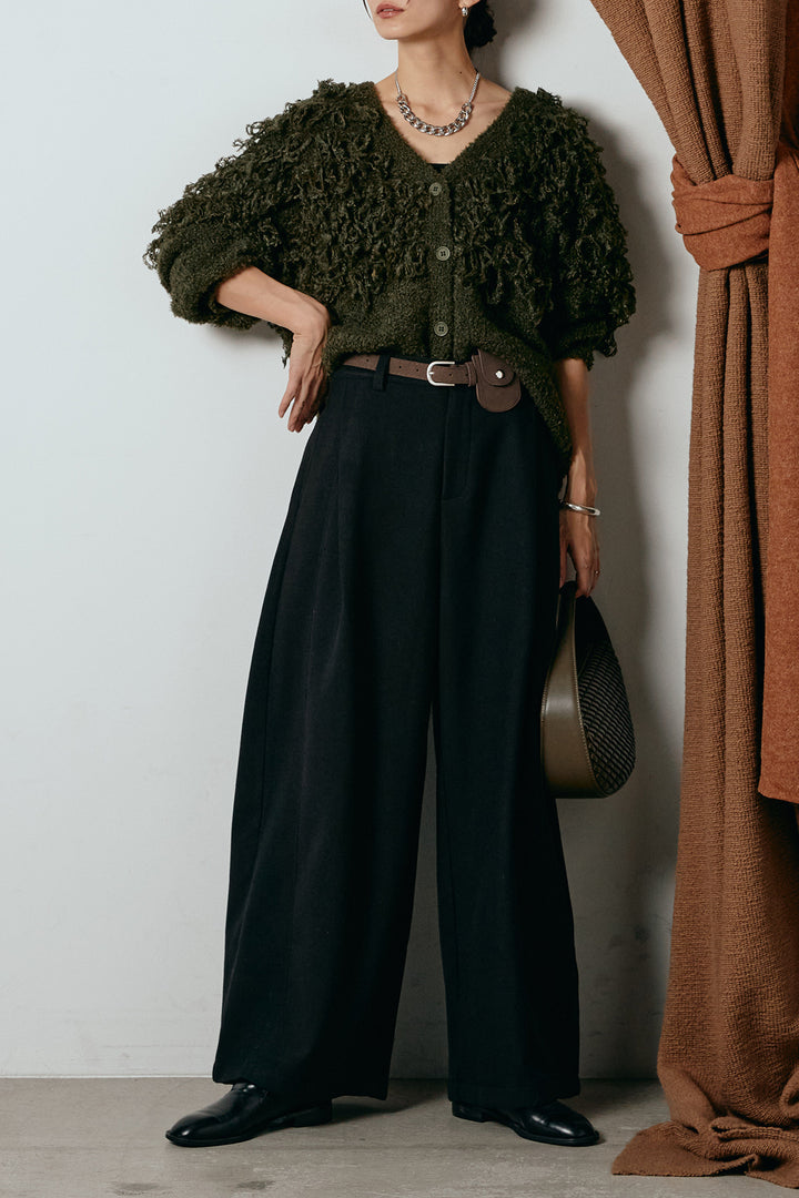 [SET]ループ編みVネックニットカーディガン+ポーチベルト付きカーブパンツ(2set)