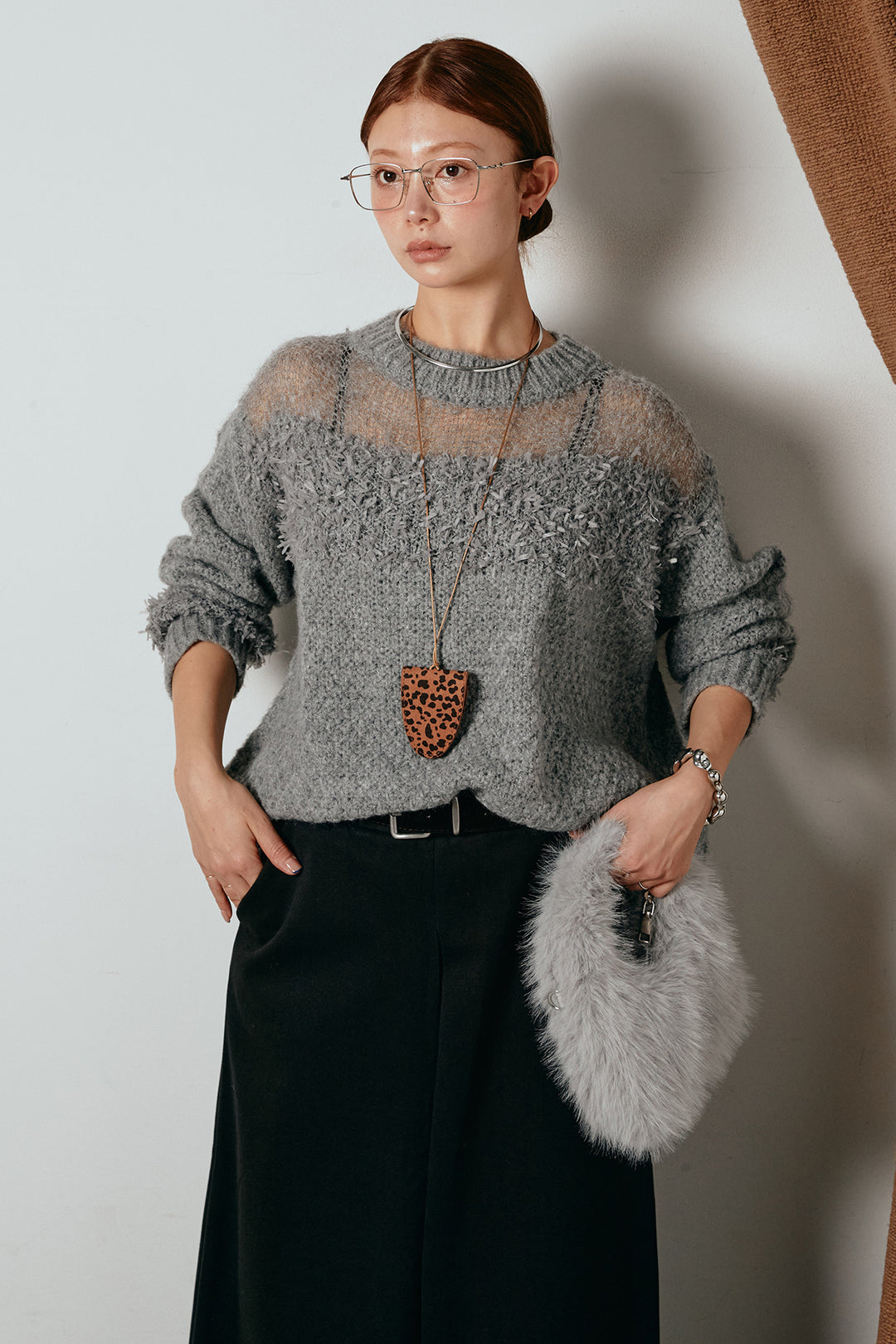 [SET]パターンランダム編みニットトップス+ベルト付きフロントタックデザインパンツ(2set)