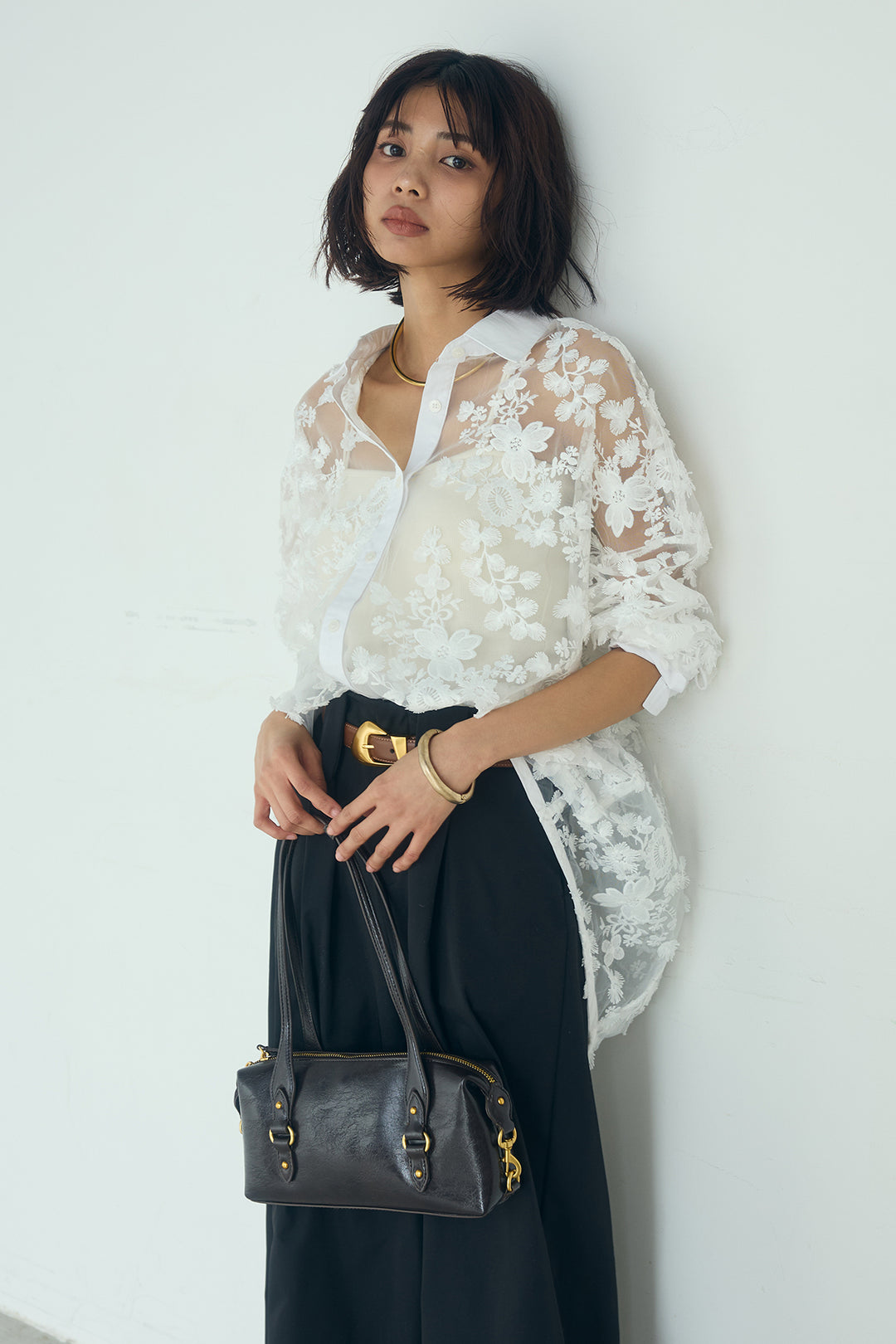 [SET]立体フラワー刺繍レースシャツ+ベルトループデザインハイウエストタックパンツ(2set)