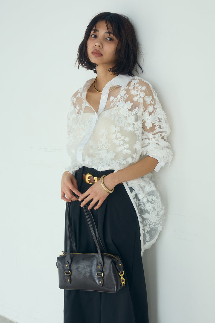 [SET]立体フラワー刺繍レースシャツ+ベルトループデザインハイウエストタックパンツ(2set)