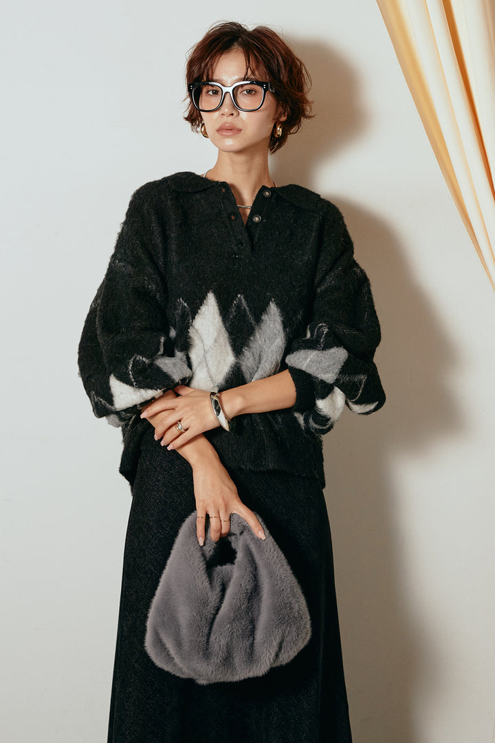 [SET]アーガイル柄ポロニットトップス+スウェードライクロングスカート(2set)