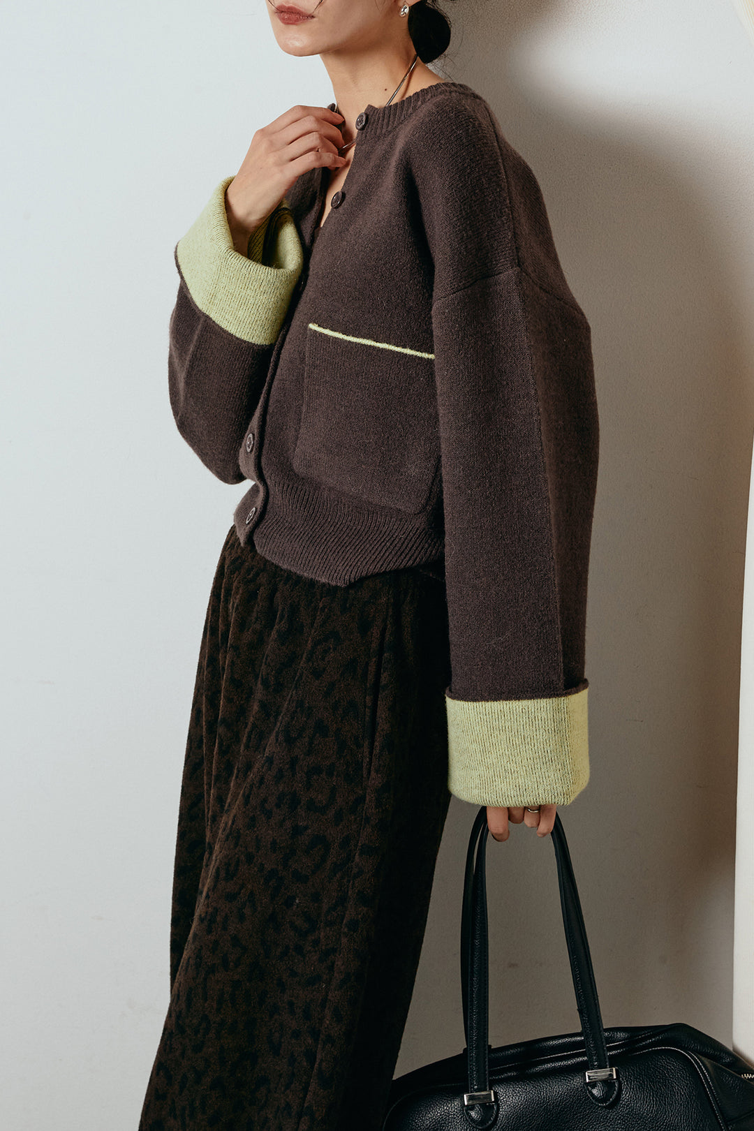 [SET]アルパカタッチダブルフェイスカーディガン+レオパードジャガードニットパンツ(2set)