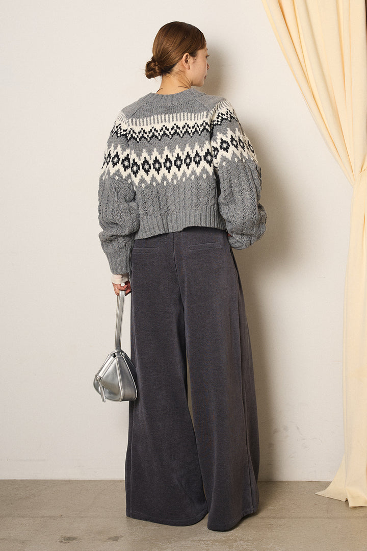 [SET]2WAY求心柄ジャガードショートカーディガン+ベルトループコーデュロイワイドパンツ(2set)