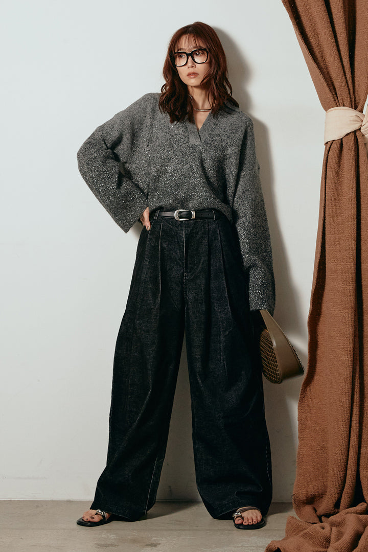 [SET]グラデーションラメニットキーネックプルオーバー+フロントタック入りコーデュロイパンツ(2set)