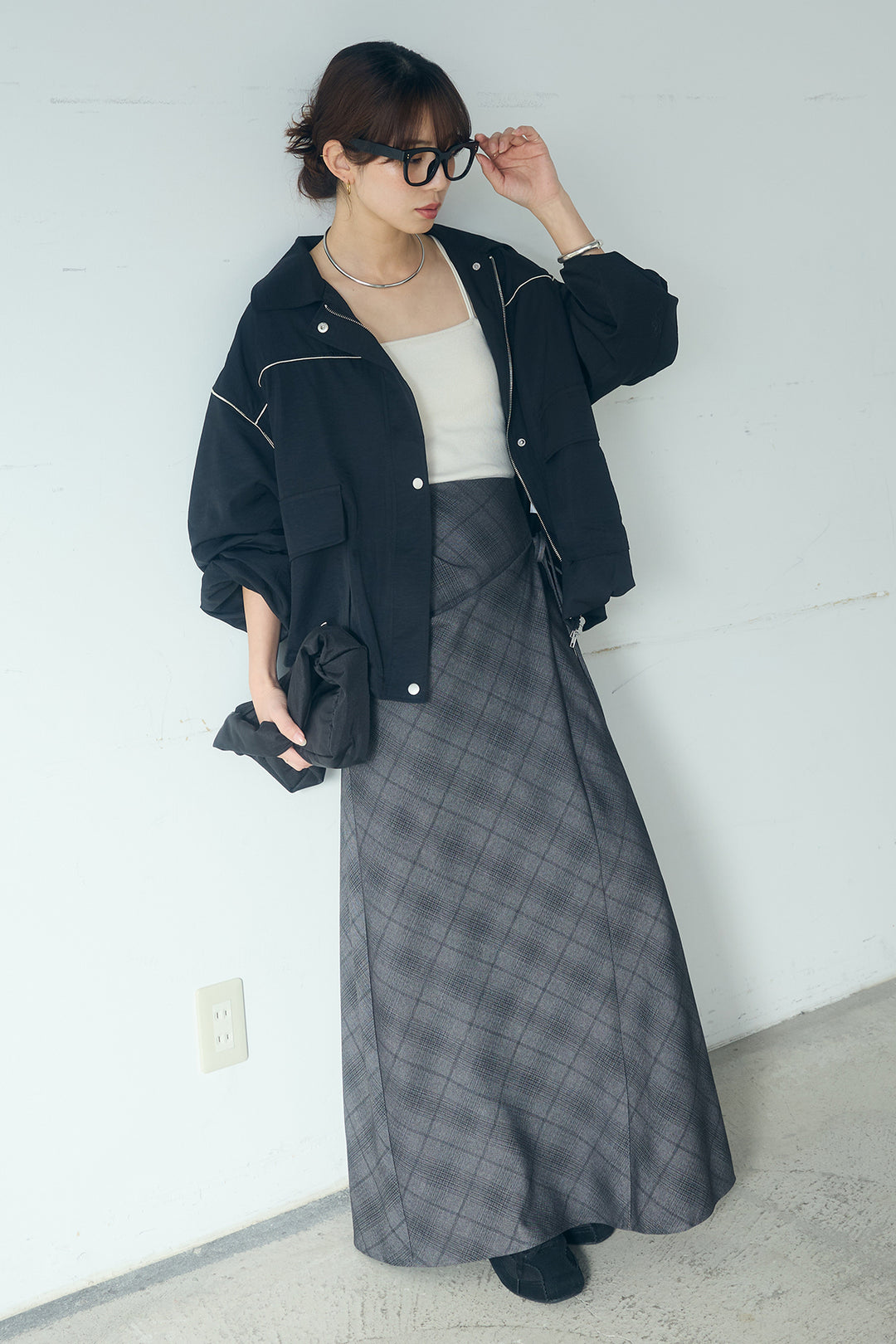 [SET]合繊ツイルバルーンジャケット+タータンチェック柄フロントデザインスカート(2set)