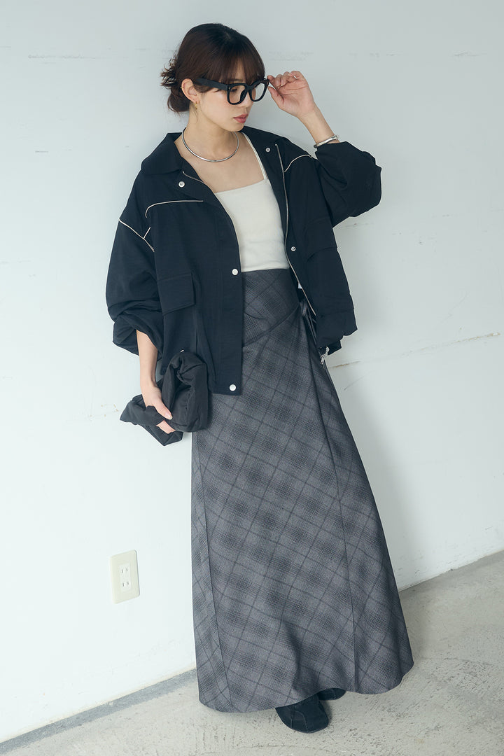 [SET]合繊ツイルバルーンジャケット+タータンチェック柄フロントデザインスカート(2set)