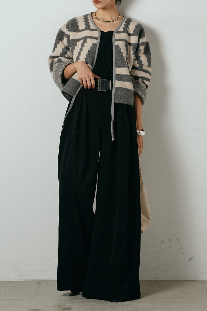 [SET]ノーカラー幾何学模様アウター+ベルトループコーデュロイワイドパンツ(2set)