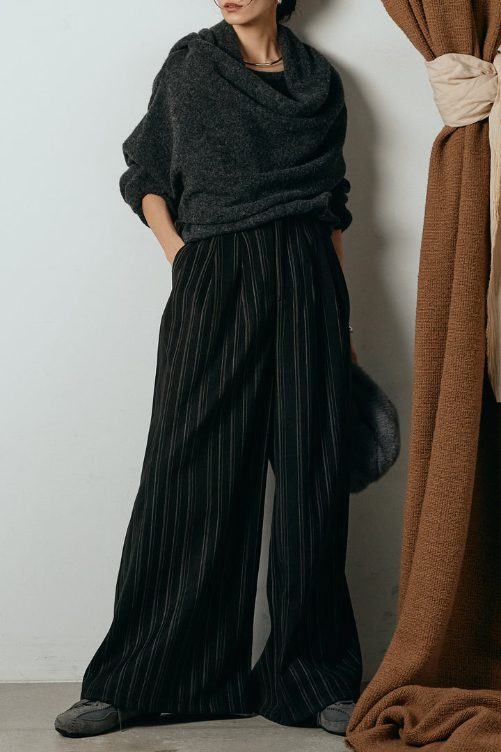 [SET]ネック巻きデザインニットトップス+タック入りマルチストライプ柄ワイドパンツ(2set)