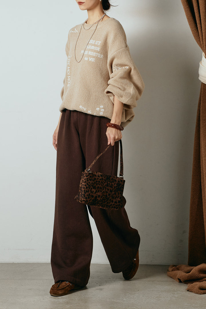 [SET]刺繍ロゴランダムデザインニットトップス+裏起毛スウェットワイドパンツ(2set)