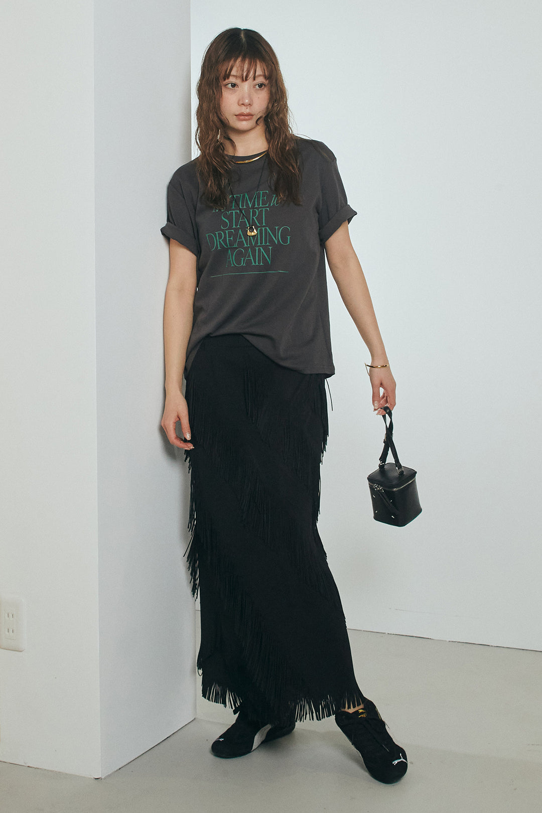 [SET]半袖TIMEロゴカットソー+斜めフリンジデザインスカート(2set)