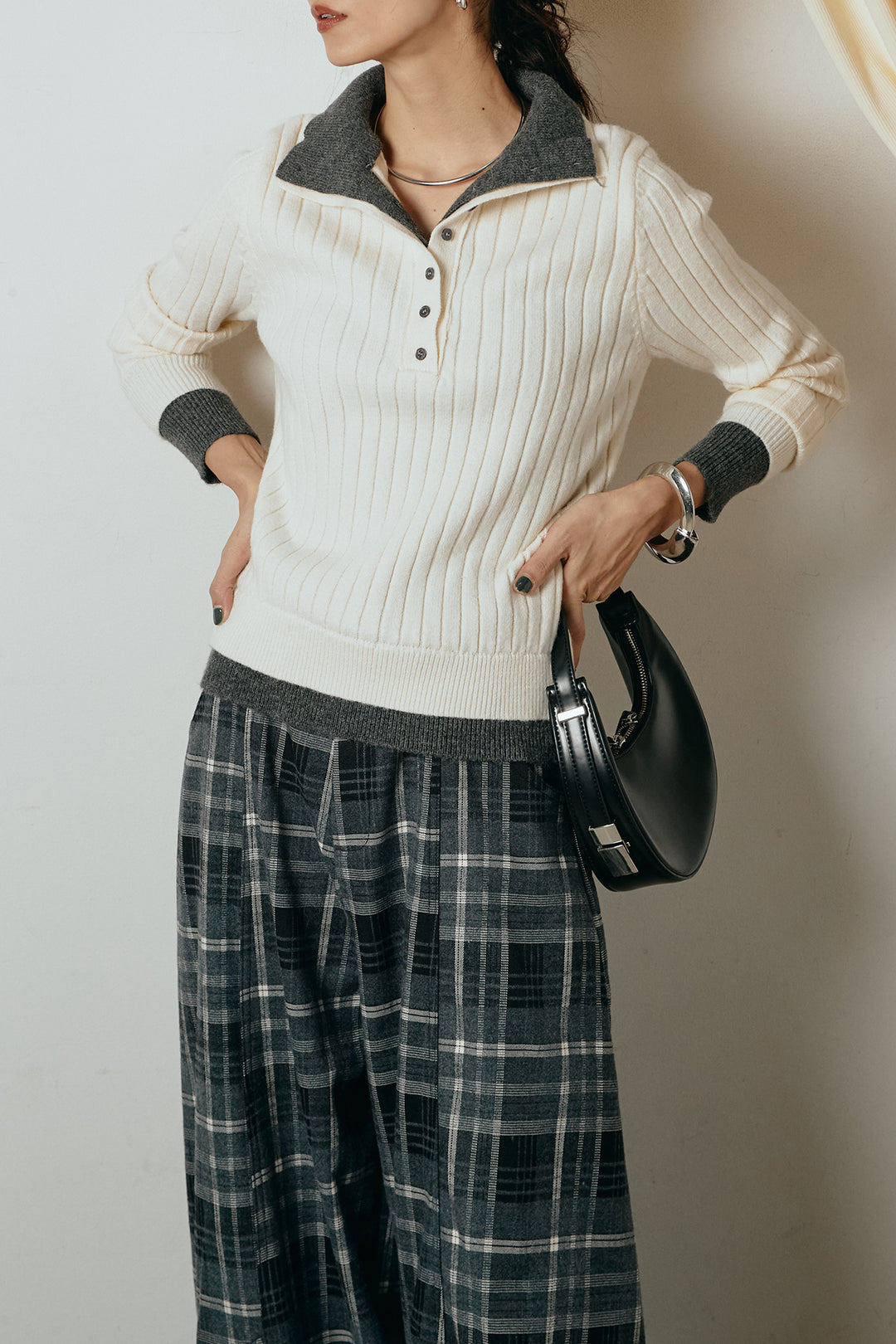 [SET]レイヤード風リブニットトップス+ベルト付きタータンチェックカーブワイドパンツ(2set)