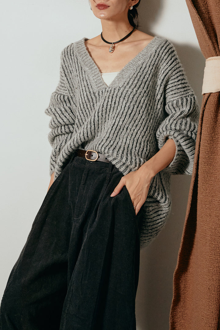 [SET]アルパカタッチ深Vニットトップス+タック入りコーデュロイワイドパンツ(2set)