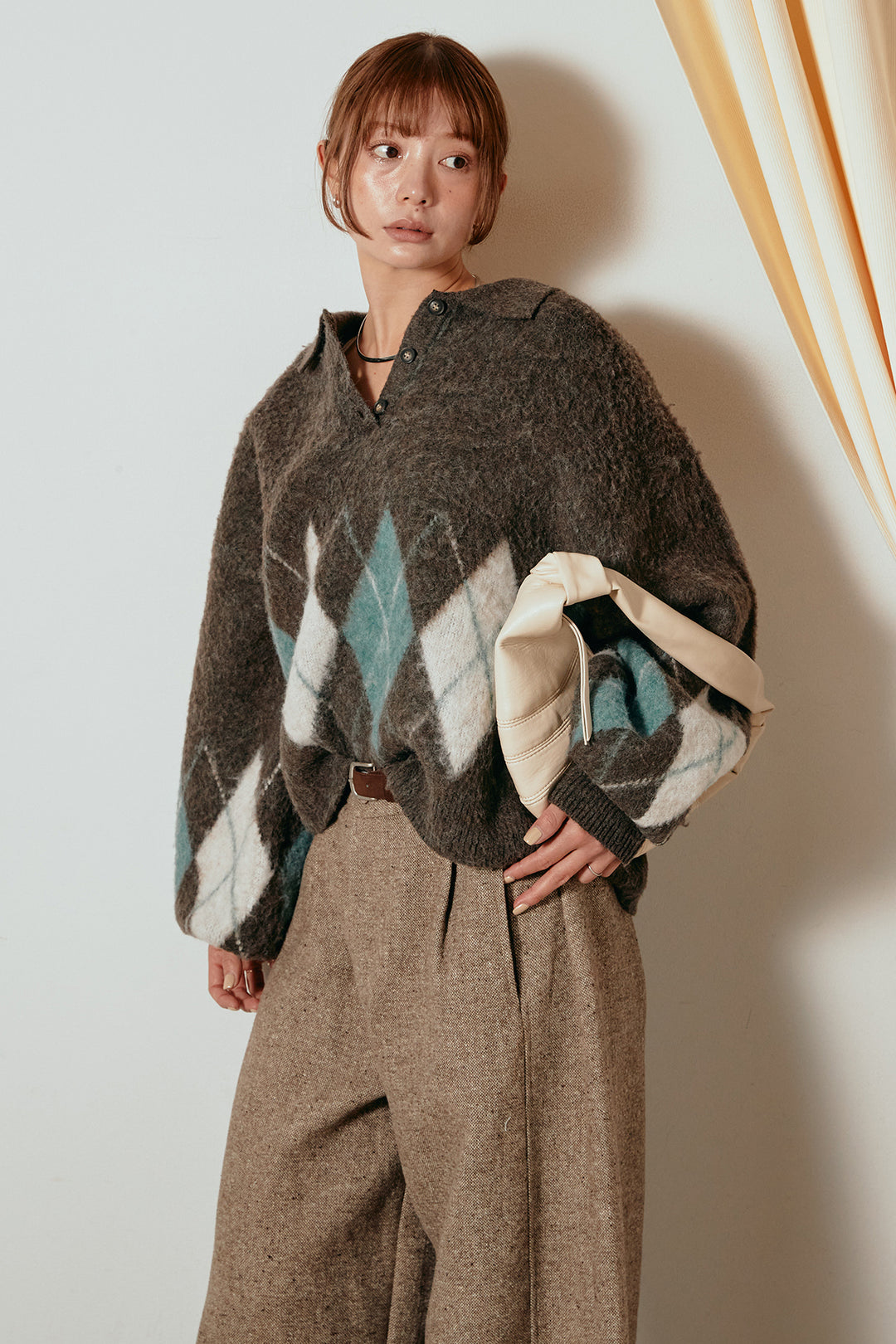 [SET]アーガイル柄ポロニットトップス+ベルト付きネップツイードカーブパンツ(2set)