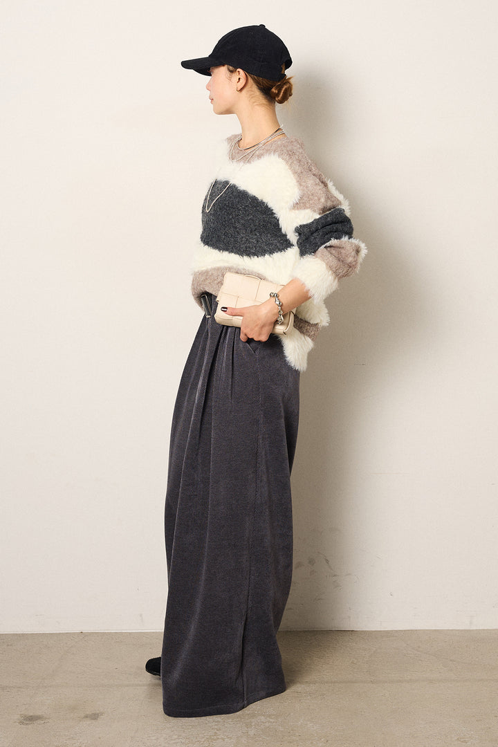 [SET]シャギーウェーブ柄クルーネックニットトップス+ベルトループコーデュロイワイドパンツ(2set)