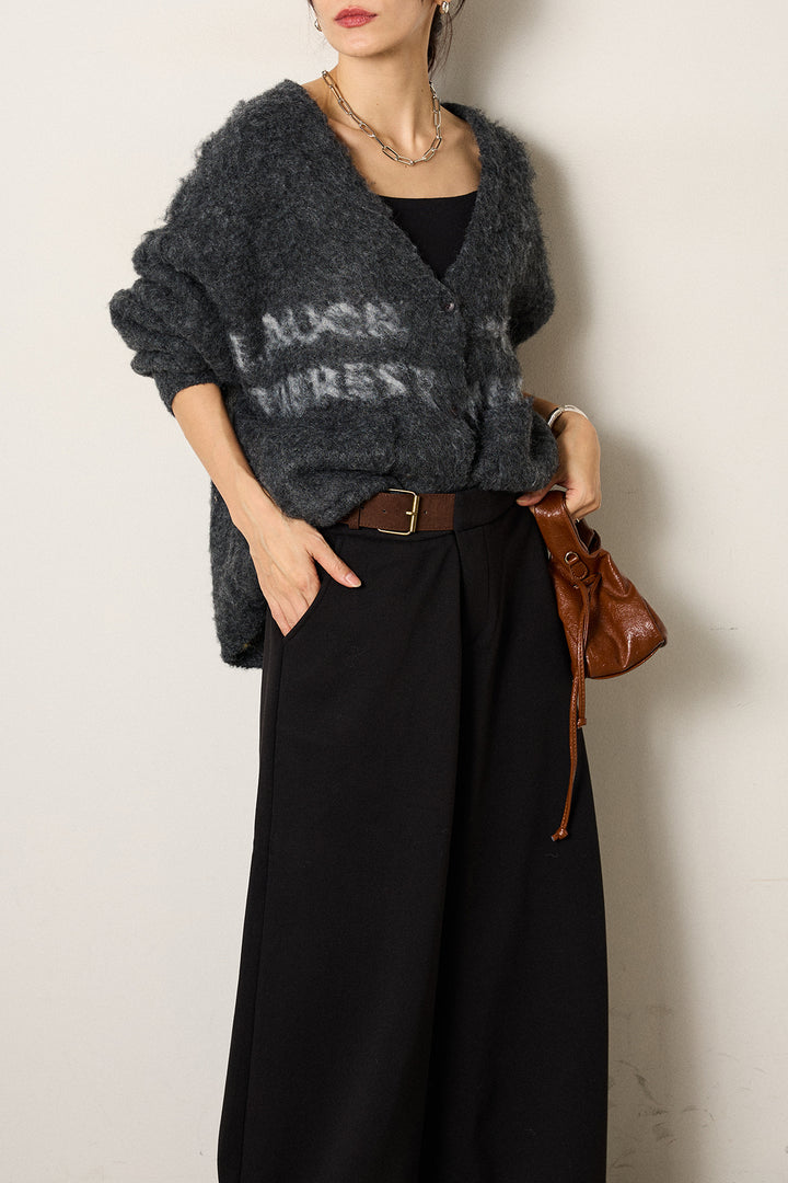 [SET]ウール混透かしロゴニットカーディガン+サイドベルトパンツ(2set)